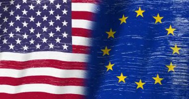 Sıkıntılı ABD bayrak yıldızları ve şeritleri ve Avrupa Birliği bayrak arkaplanı Kusursuz döngü ile birlikte çalışma mesajınız için