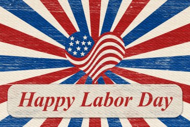  Geçmiş Amerikan kırmızı, beyaz ve mavi kalpli İşçi Bayramı Kartı ve Amerikan işçilerini ve ulusal gururu kutlamak için şeritler