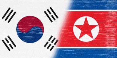 Sıkıntılı Kuzey Kore bayrağı ve Güney Kore bayrağı uluslararası ilişkiler ve işbirliği mesajınız için