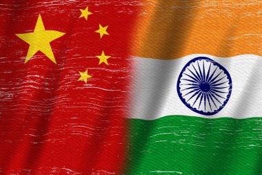 Sıkıntılı Çin bayrağı ve Hindistan bayrağı uluslararası ilişkiler ve işbirliği mesajınız için arka planda