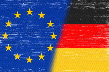 Uluslararası ilişkiler ve işbirliği mesajınız için sıkıntılı AB bayrağı ve Alman bayrağı geçmişi