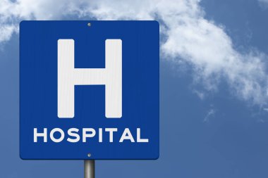 Mavi Hastane işaretleri yakınlardaki tıbbi tesisleri gösteriyor.