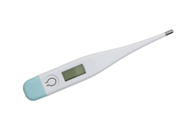 LCD ekranlı dijital termometre beyaza izole edilmiş veya vücut ısısını ölçen, genellikle sağlık ve ev bakımında kullanılan
