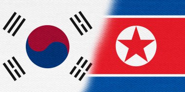 Uluslararası ilişkiler ve işbirliği mesajınız için Kuzey Kore bayrağı ve Güney Kore bayrağı