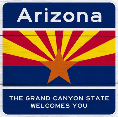 Turizm, seyahat ve emeklilik için bulutlu mavi gökyüzüne karşı Arizona tabelasına hoş geldiniz.,