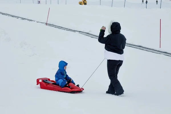 ママと赤ちゃんはそりに乗るのを楽しむ 子供のためのそり 子供はそりに乗っている 子供たちは雪の中で屋外で遊ぶ 家族のクリスマス休暇のための屋外の楽しみ — ストック写真
