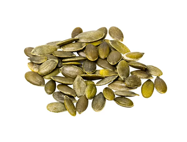 stock image Bunch of pumpkin seeds isolated on white. Top view. Organic food