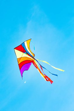 Rainbow kite flying in blue sky in sunny day in summer. Childhood concept.