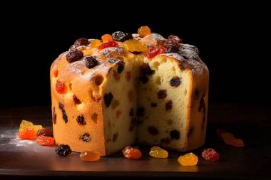 Panettone. İtalyan Mutfak Geleneği. Mayalı, tereyağlı, yumurtalı ve şekerli meyveli Noel ekmeği. koyu arkaplanda izole.