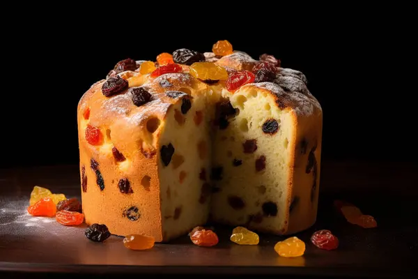 Panettone. Italian Culinary Tradition. Christmas sweet bread made with yeast, butter, eggs, and candied fruit. isolated on dark background.
