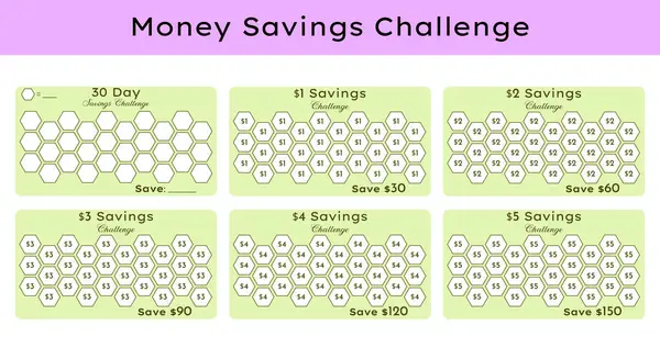 stock vector Low budget Daily monthly Money Saving Challenges Printable horizontal A6 Savings Tracker, 30 days Finance Planner Notebook.