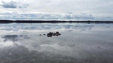 Bulutlu havada durgun su ve kaya üzerinde uçuyor..