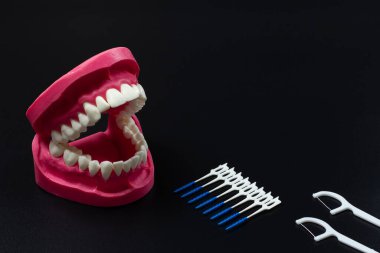 Siyah arkaplanda silikon diş ipi kürdanları ve interdental kürdan fırçaları ile insan çenesi düzeni.