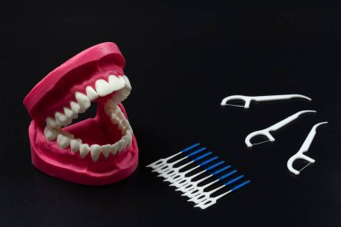Siyah arkaplanda silikon diş ipi kürdanları ve interdental kürdan fırçaları ile insan çenesi düzeni.