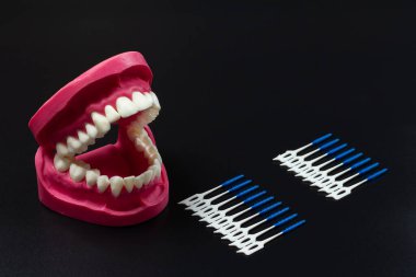 Siyah arkaplanda silikon kürdan fırçaları ile insan çenesinin düzeni.