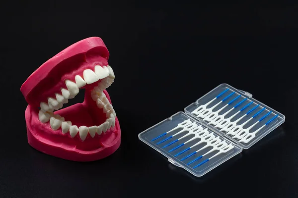 Layout Human Jaw Silicone Interdental Toothpick Brushes Black Background — Stock Photo, Image