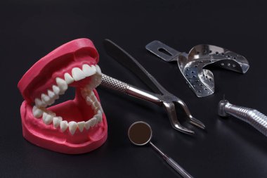 İnsan çene yapısı ve paslanmaz çelik diş izi tepsisi, diş pensesi, diş teli ve siyah arkaplanda metal bir ayna..