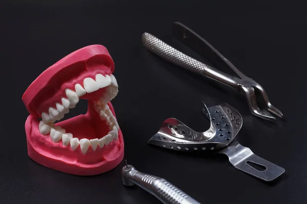 Bir Insan Çenesi Düzeni Paslanmaz Çelik Diş Izi Tepsisi Bir — Stok fotoğraf