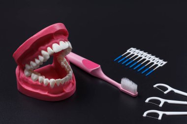 Silikon diş ipi kürdanları, interdental kürdan fırçaları ve siyah arkaplanda diş fırçası ile insan çenesinin düzeni.