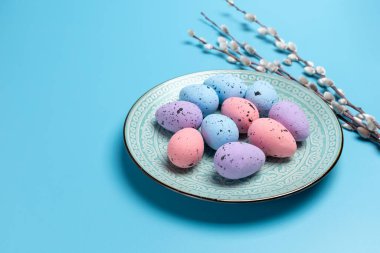 Renkli Paskalya yumurtaları ve mavi arka planda kedi derisi olan söğüt dallarıyla dolu bir tabak. Üst görünüm.