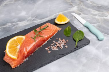 Çiğ somon balığı filetosu roka, fesleğen yaprağı, baharat ve limon dilimleri. Üst görünüm.
