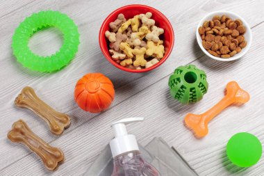 Kuru yiyecek ve köpekler için eğlenceli oyuncaklar. Hayvanlar kaselerle beslenir ve yapay köpek kemik yiyeceğini vitaminler, toplar ve çiğneme kemiğiyle çiğner. Şampuan ve yerde bir köpek eğitim yastığı. Üst görünüm.