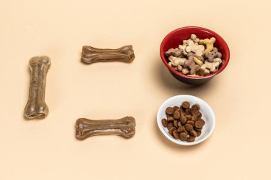 Köpekler için yiyecek. Kâselerde kurutulmuş hayvan maması. Granüle edilmiş hayvan yemi. Yapay köpek yerde vitaminlerle kemik yiyeceği çiğniyor. Köpekler için iyi beslenme.