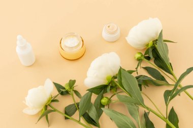 Yüz serumu, yüz ve el kremi, bej arka planda beyaz şakayık çiçekleri. Kadın kozmetik ürünleri. Üst görünüm.
