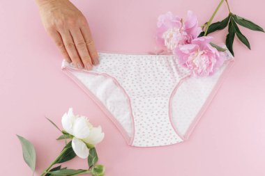 Pembe arka planda, üzerinde şakayık çiçekleri olan bikinili pamuk külot tutan bir kadın eli. En iyi günlük iç çamaşırları. Üst görünüm.
