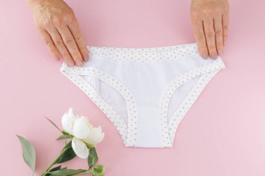 Kadınların elleri pembe arka planda şakayık çiçekli bikinili pamuk külot tutuyor. En iyi günlük iç çamaşırları. Üst görünüm.
