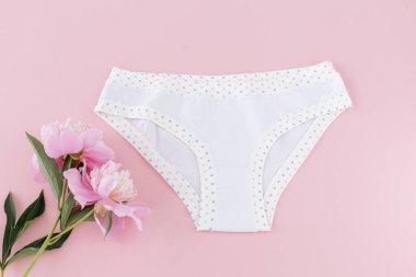 Pembe arka planda şakayık çiçekleri olan kısa bikinili pamuk külot. Kadın iç çamaşırı. Üst görünüm.