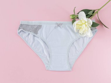 Pembe arka planda şakayık çiçekli bikinili pamuk külot. Kadın iç çamaşırı. Üst görünüm.