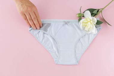 Kadının elinde pembe arka planda şakayık çiçekli bikinili pamuk külot var. En iyi günlük iç çamaşırları. Üst görünüm.