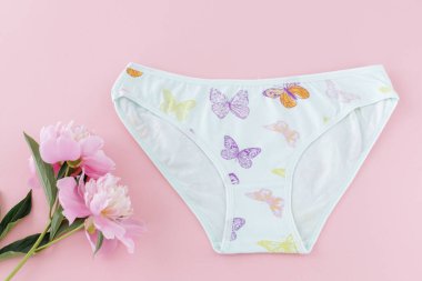 Pembe arka planda şakayık çiçekleri olan kısa bikinili pamuk külot. Kadın iç çamaşırı. Üst görünüm.