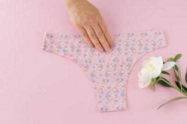Pembe arka planda minimalist bir tanga tarzı pamuk külotla şakayık çiçekli bir kadının elini tutuyor. En iyi günlük iç çamaşırları. Üst görünüm.