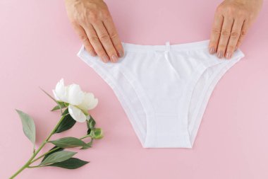 Kadınların elleri pembe arka planda şakayık çiçekli bikinili pamuk külot tutuyor. En iyi günlük iç çamaşırları. Üst görünüm.