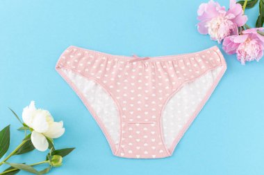 Mavi arka planda şakayık çiçekleri olan kısa bikinili pamuk külot. Kadın iç çamaşırı. Üst görünüm.