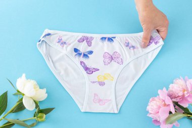 Mavi arka planda, üzerinde şakayık çiçekleri olan bikinili pamuk külot tutan bir kadın eli. En iyi günlük iç çamaşırları. Üst görünüm.