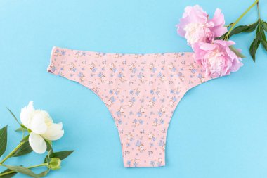 Mavi arka planda şakayık çiçekleri olan minimalist tanga tarzı pamuk külot. Kadın iç çamaşırı. Üst görünüm.