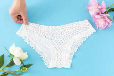 Mavi arka planda, üzerinde şakayık çiçekleri olan bikinili pamuk külot tutan bir kadın eli. En iyi günlük iç çamaşırları. Üst görünüm.