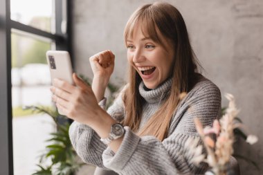 Cep telefonunda video oyunu oynayan neşeli sarışın kadın, iyi haberler okuyor, piyangoyu kazanmayı kutluyor, kazanan hareketi yaparken çok mutlu ve neşeli hissediyor. Vay canına..