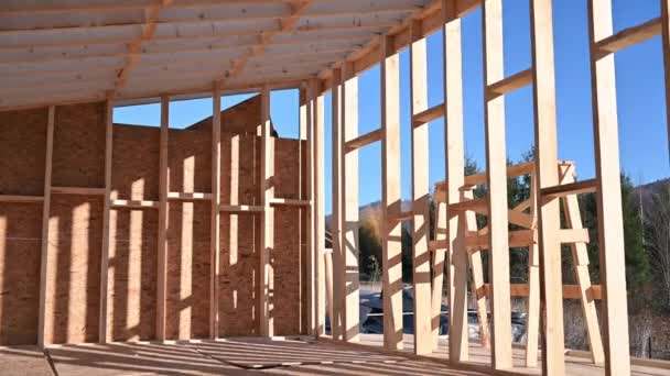 Stolarze Montują Drewniany Panel Osb Ścianie Przyszłego Domku Mężczyźni Budują — Wideo stockowe