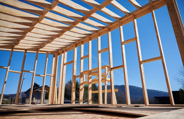 Bottom View Wooden Frame House Pile Foundation Construction Blue Sky — Stock Photo, Image
