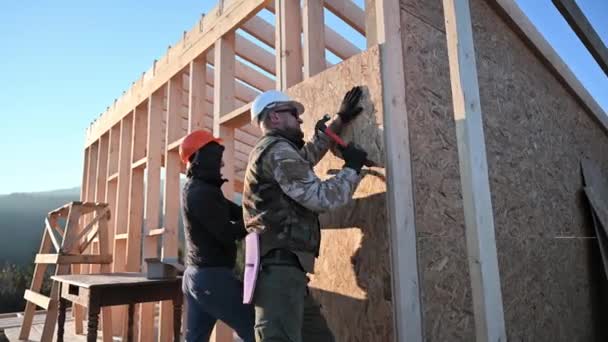 Carpenters Hammering Nail Osb Panel Wall Future Cottage Men Workers — 비디오