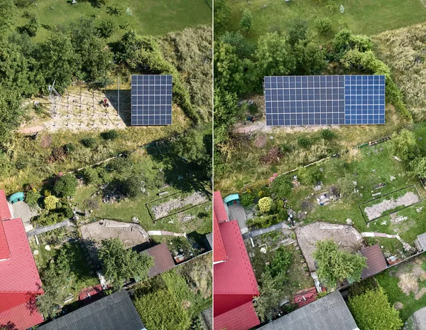 Collage of installing and ready solar panels in field at sunny day. Before and after concept. Modern technology and innovation. Idea of environment safety. Aerial view.