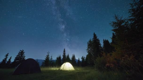 Time Lapse Tourists Tents Grassy Hill Trees Moving Blue Sky — Stock Video