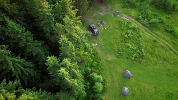 針葉樹林 草の斜面 自動車 観光テントや経路を持つ山の丘の空中ビュー 緑の木々やハイキングパスを持つ山の中でキャンプテントや車両のドローンビデオ — ストック動画