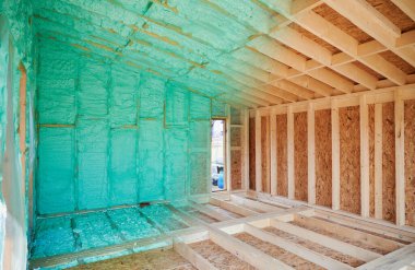 Photo collage before and after thermal insulation room in wooden frame house in Scandinavian style barnhouse. Comparison of walls sprayed by polyurethane foam. Construction and insulation concept.