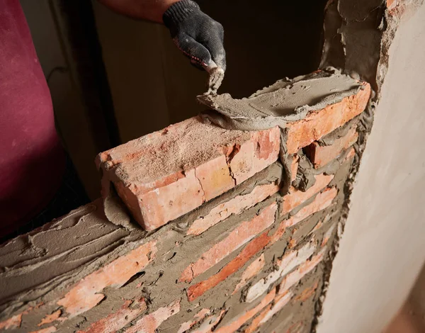 Close Man Hand Work Glove Laying Brickwork Building Construction Male — Stock Fotó