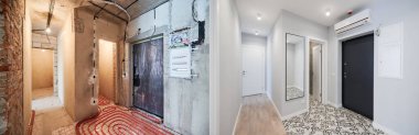 Comparison of old flat with underfloor heating pipes and new renovated apartment with modern interior design. Hallway with heated floor before and after renovation.